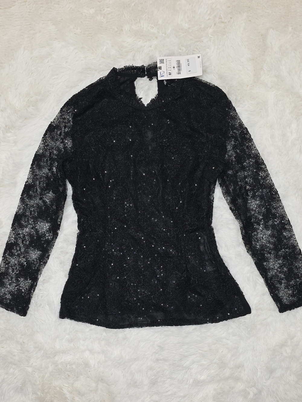 Zara Black Lace Sequin Keyhole Long-Sleeve Top. Size M. NWT
